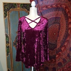 Velvet Long Sleeved Berry Color Criss Cross Top